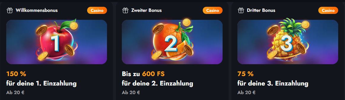 Aktivieren Sie drei Einzahlungsboni mit Freispielen für Neukunden